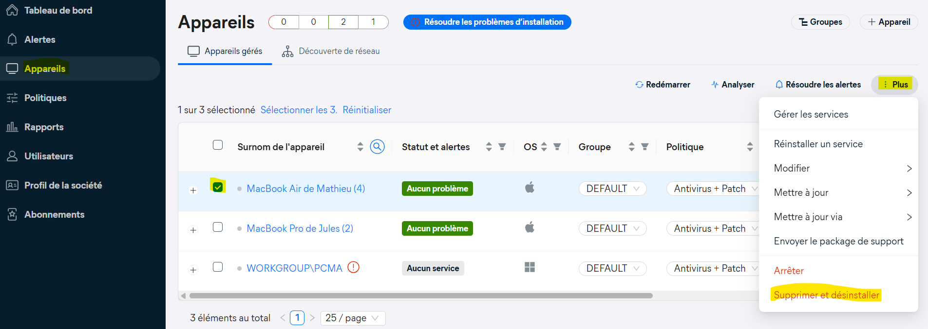 Supprimer et désinstaller un poste dans Avast Business Hub